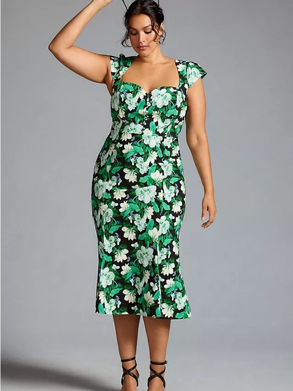 Anthropologie Black Midi Dress with Green & White Floral Print